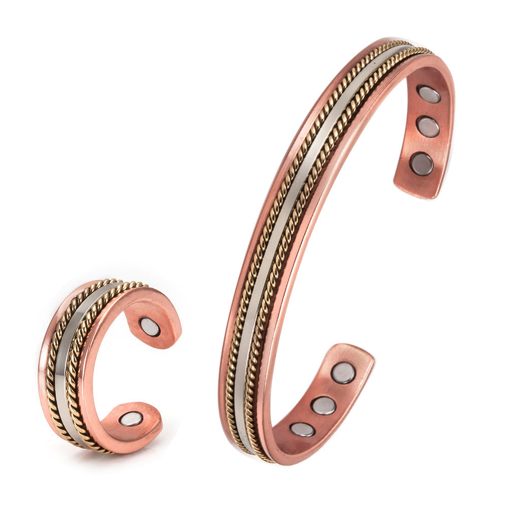 Magnetic Red Copper Adjustable Retro Ring Bracelet Suit