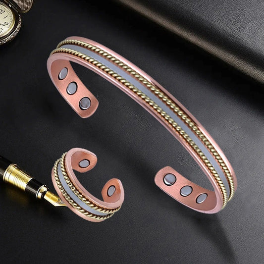Magnetic Red Copper Adjustable Retro Ring Bracelet Suit